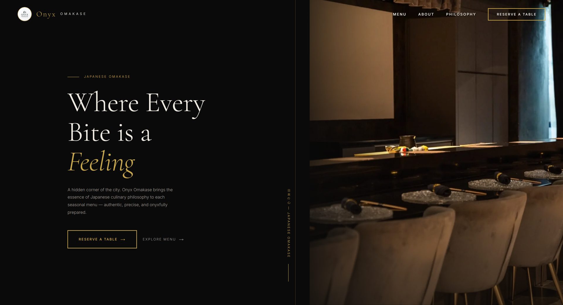 Onyx Omakase premium website design by Culinary Digital Studio